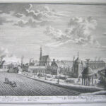Prospectus Nosodochy S MARCI extra Civitatern ad munimenta suburbana. a. Porta munimentorum suburbanorum. b. Vienna. c. Ecclesia P.P. Augustinorum extra portam Stubensem. d. Mons cetius.