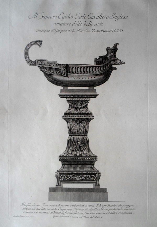 Giovanni Battista Piranesi Prints - Vasi, Candelabri. Marble Trireme supported by an ornamental pedestal. Wilton Ely 1000