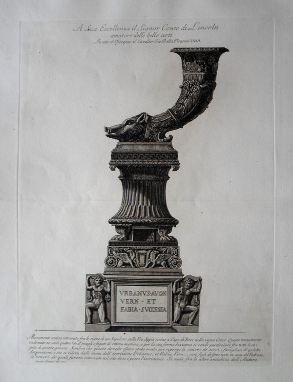 Giovanni Battista Piranesi Prints - Vasi, Candelabri. Monument of a boar’s headed rhyton on a vase found in a tomb on the Via Appia. Wilton Ely 993