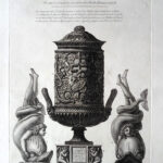 Giovanni Battista Piranesi Prints - Vasi, Candelabri. Two cinerary urns flanked by two views of a boy with a dolphin. Wilton Ely 915