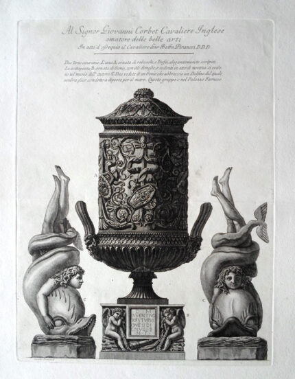 Giovanni Battista Piranesi Prints - Vasi, Candelabri. Two cinerary urns flanked by two views of a boy with a dolphin. Wilton Ely 915