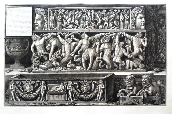Giovanni Battista Piranesi Prints - Vasi, Candelabri. A marble sarcophagus with a relief of the battle of the Giants against Jupiter. Wilton Ely 905