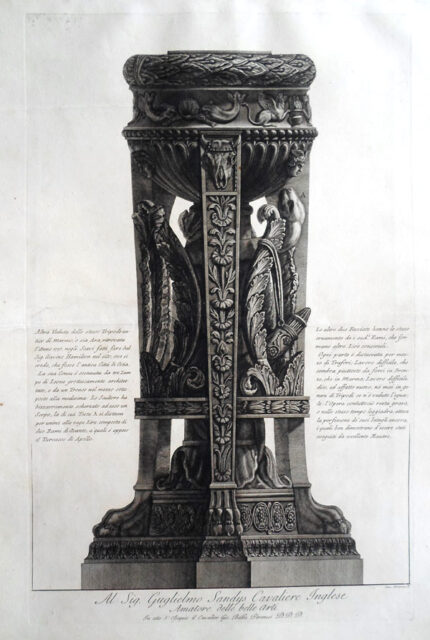 Giovanni Battista Piranesi Prints - Vasi, Candelabri. Marble topped tripod found at Ostia by Gavin Hamilton in 1775. Wilton Ely 948