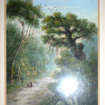 A tropical view with figures on a path
