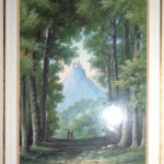 A forest view with figures on a path