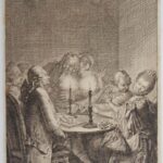 (Elegant Ladies and Gentlemen seated around a table by candelight)