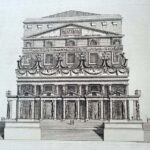 Imaginary architectural composition with ground floor portico suppotred by pairs of Egyptian figures.
