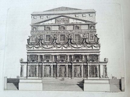 Imaginary architectural composition with ground floor portico suppotred by pairs of Egyptian figures.